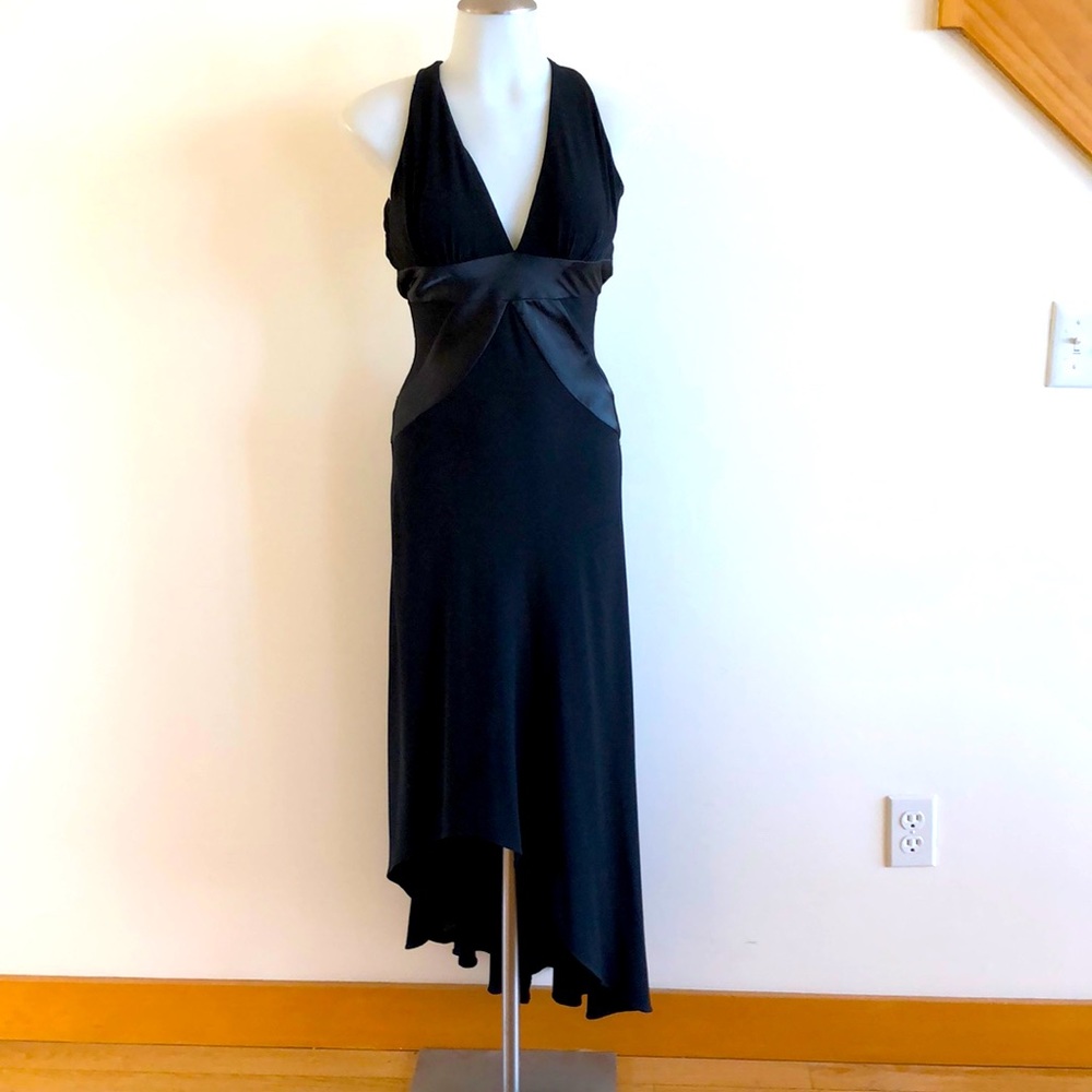 Long dress, poly blend, vintage, black, asymmetrical hem